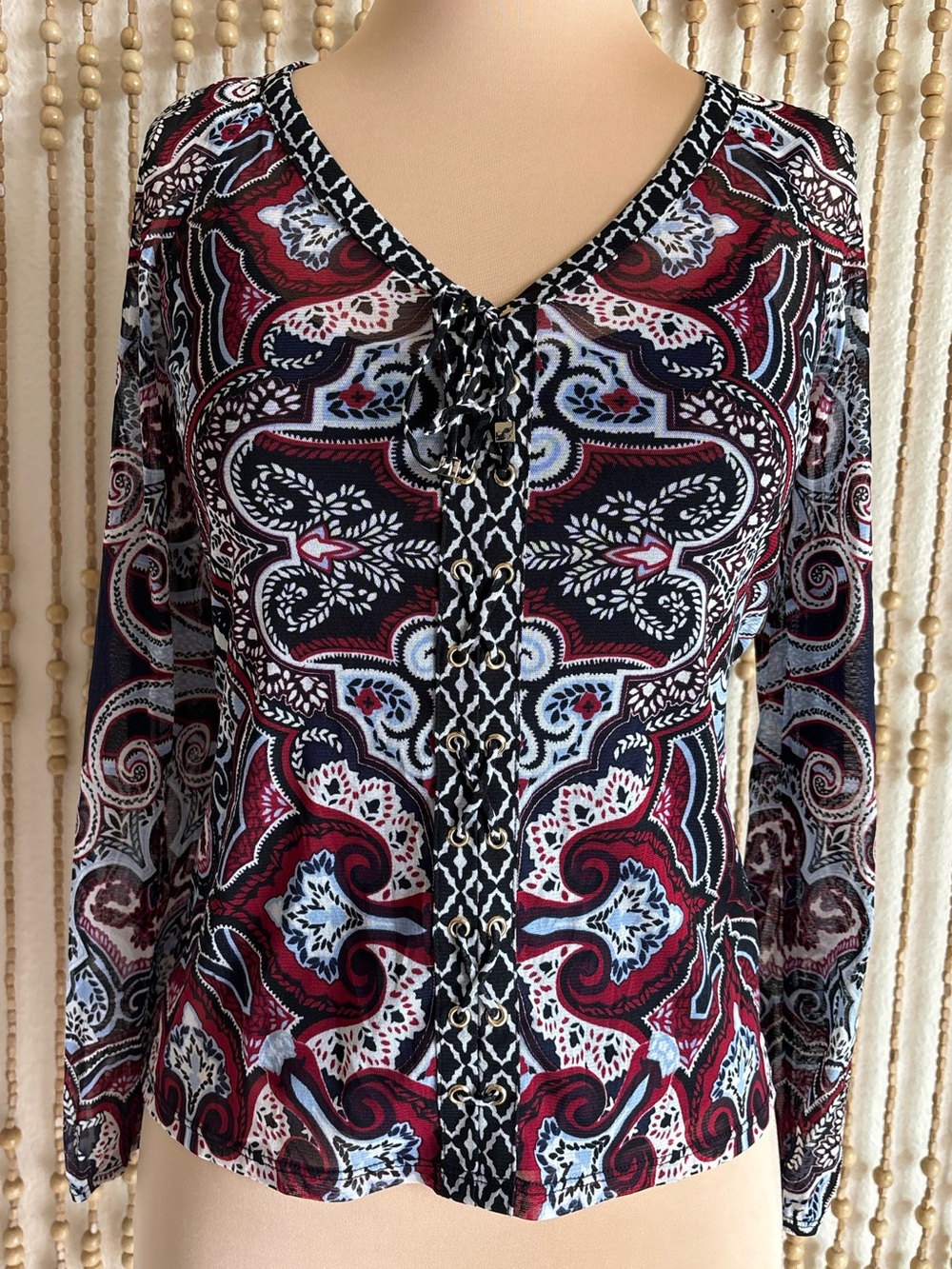 Y2K Mesh Paisley Grommet Lace-Up V-Neck Long Sleeve Whimsy Goth Wine Mom Blouse